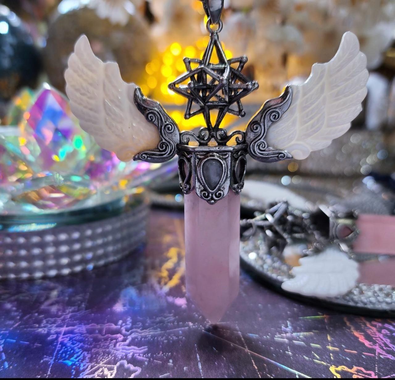 Báculo celestial Cuarzo Rosa y Madre Perla